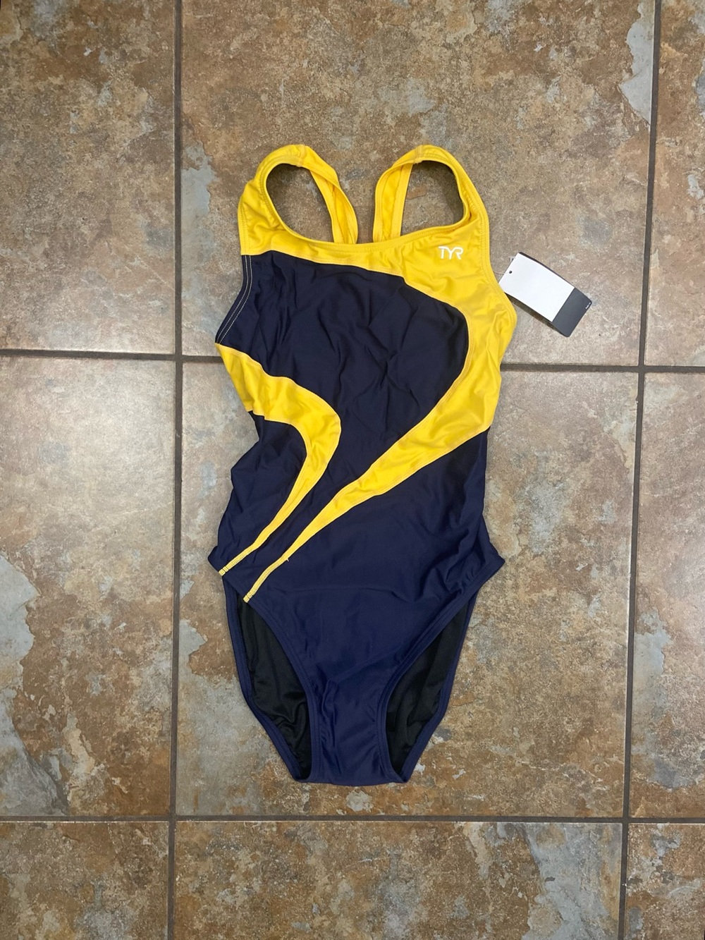 TYR Navy and Yellow Performance One-Piece Swimsuit